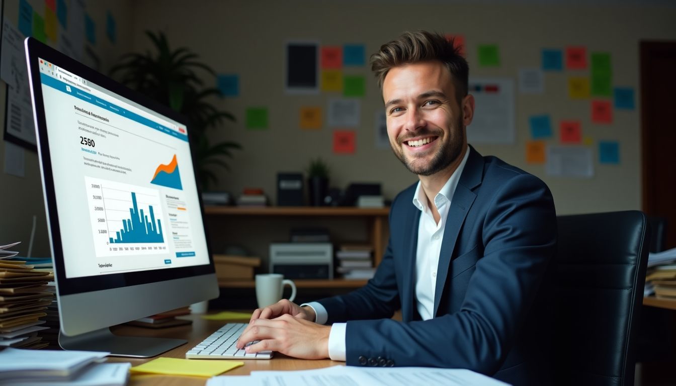 A real estate agent works at a cluttered desk with digital marketing analytics.